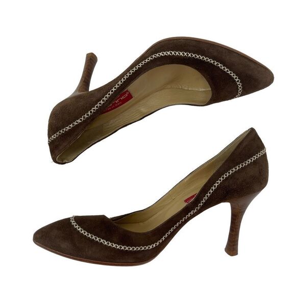 Fornarina Suede Pumps Stacked Heels Brown Women's EU 36 Cross Stitch Detail - Picture 4 of 9